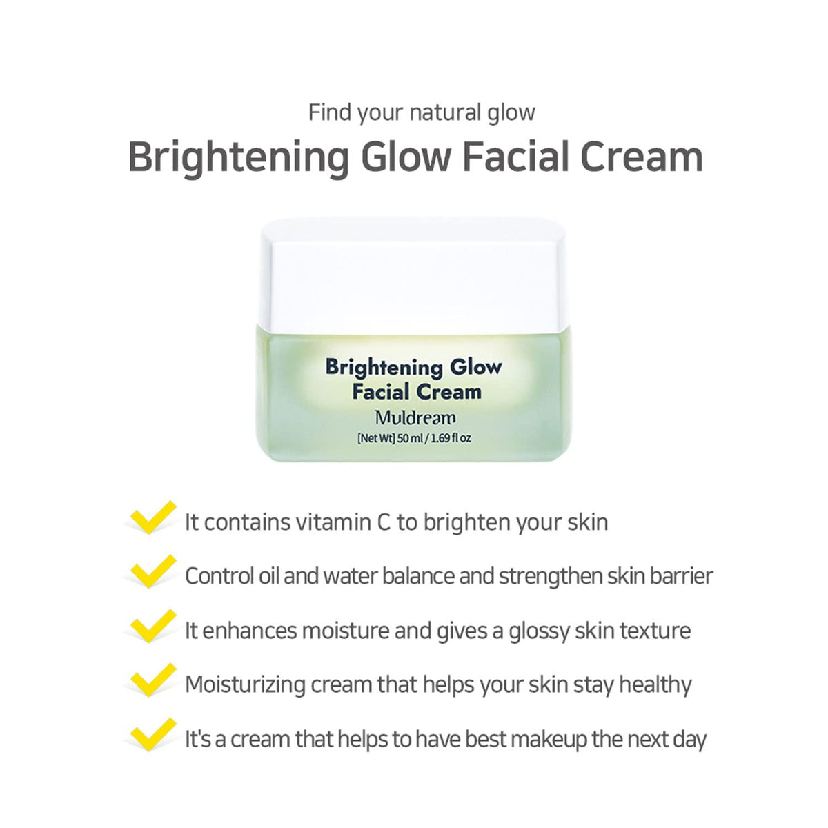 Crema facial brillo de brillo de muldream 50 ml