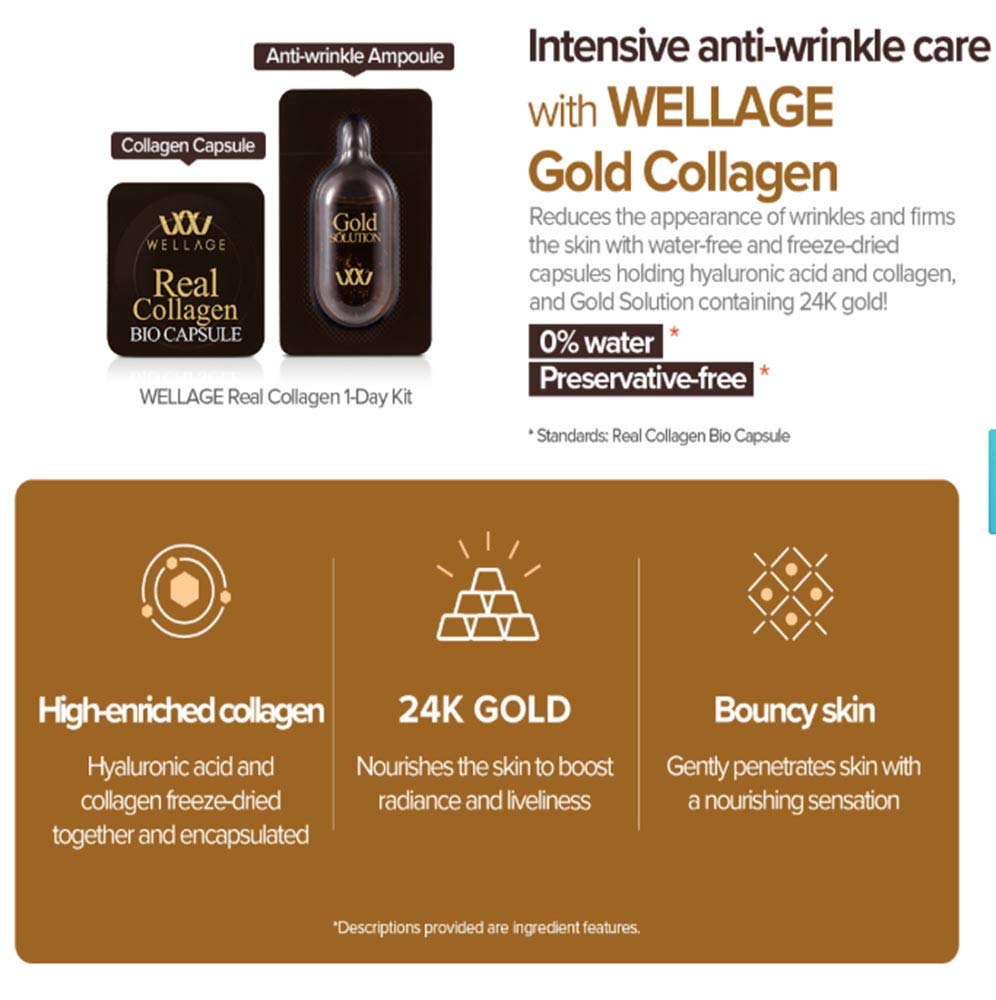 Image of Wellage Gold Collagen One Day Kit, containing 7 single-use packs. This kit is designed to boost collagen and rejuvenate the skin with a luxurious, gold-infused formula. The sleek packaging highlights the brand and product details