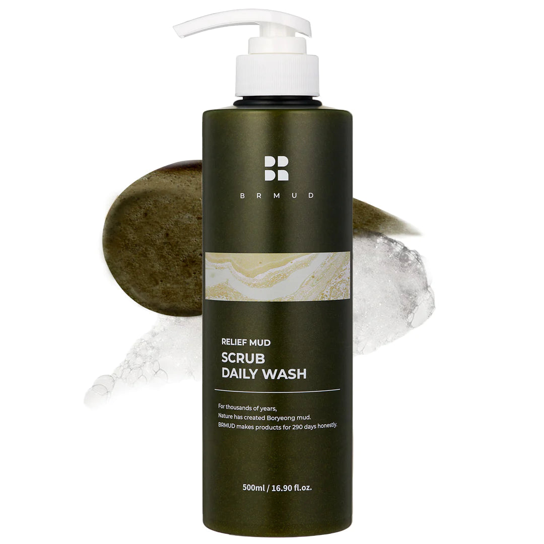 BRMUD Relief Mud Scrub Daily Wash 500ml bottle with natural ingredients for gentle exfoliation and deep cleansing.