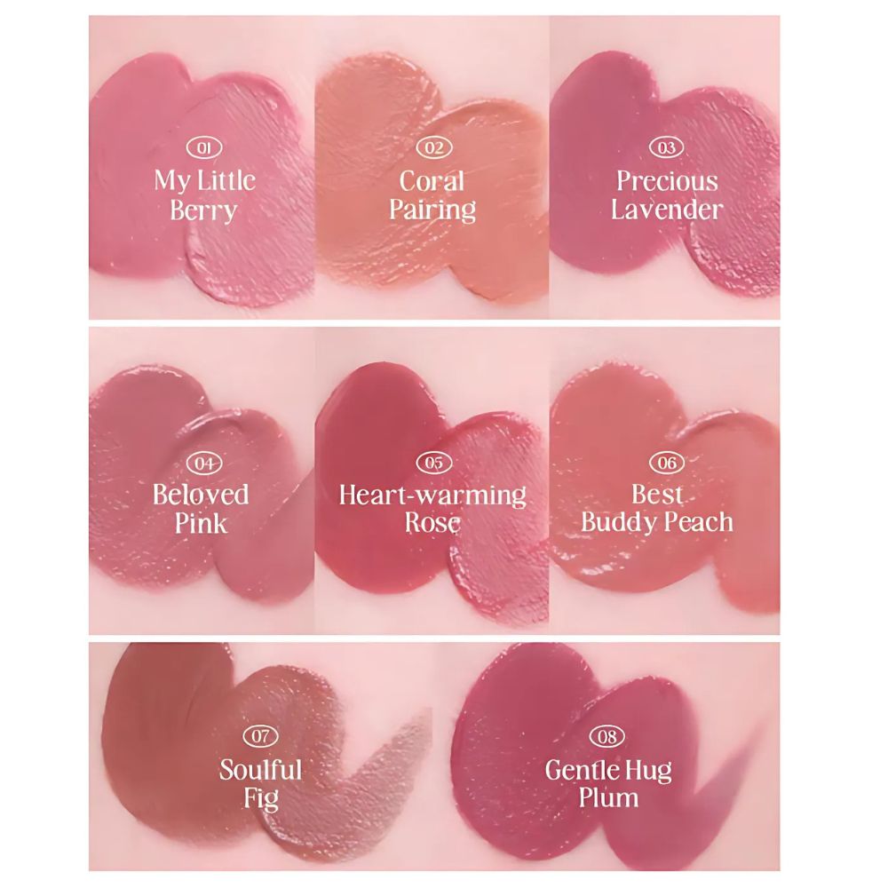 Choose from 8 stunning shades that complement a variety of skin tones, from soft neutrals to bold pops of color, and enjoy the perfect balance of comfort and style with the CLIO Hug Blur Tint.