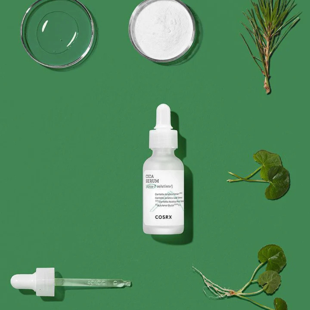 A 30ml bottle of COSRX Pure Fit Cica Serum, ideal for calming irritated skin and providing deep hydration.