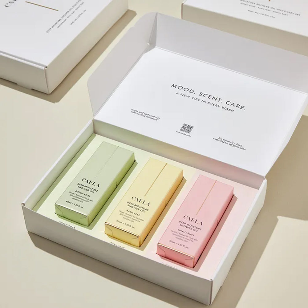 Caela Deep Moisture Shower Oil Discovery Set (Green Rose 40ml + Basil Leaf 40ml + Sunlit Ruby 40ml)