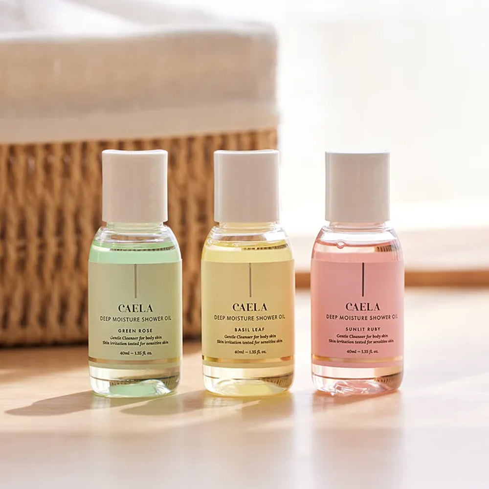 Caela Deep Moisture Shower Oil Discovery Set (Green Rose 40ml + Basil Leaf 40ml + Sunlit Ruby 40ml)