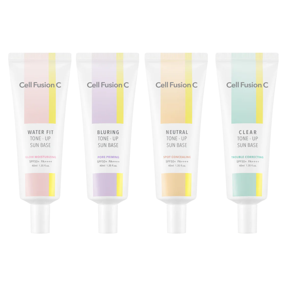 Cell Fusion C Tone-up Sun Base SPF50+ PA++++ in four shades, 40ml, offers sun protection and skin tone enhancement.