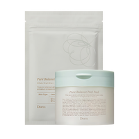 DUEM Pure Balance organic cotton peel pads, 50 count with 10 refill pads, designed for gentle skin care and cleansing.
