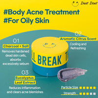 Exfoliating body scrub in a 300ml bottle by Dear Doer. Black packaging with gold details. Leaves skin soft and smooth.