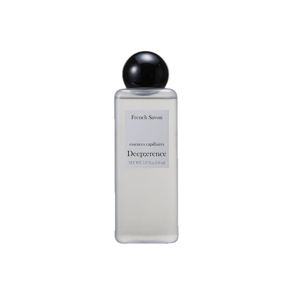 The Deep;erence Perfume Hair Essence French Savon 150ml is a lightweight, nourishing hair essence infused with the elegant fragrance of French savon (soap), offering both hydration and a luxurious scent.