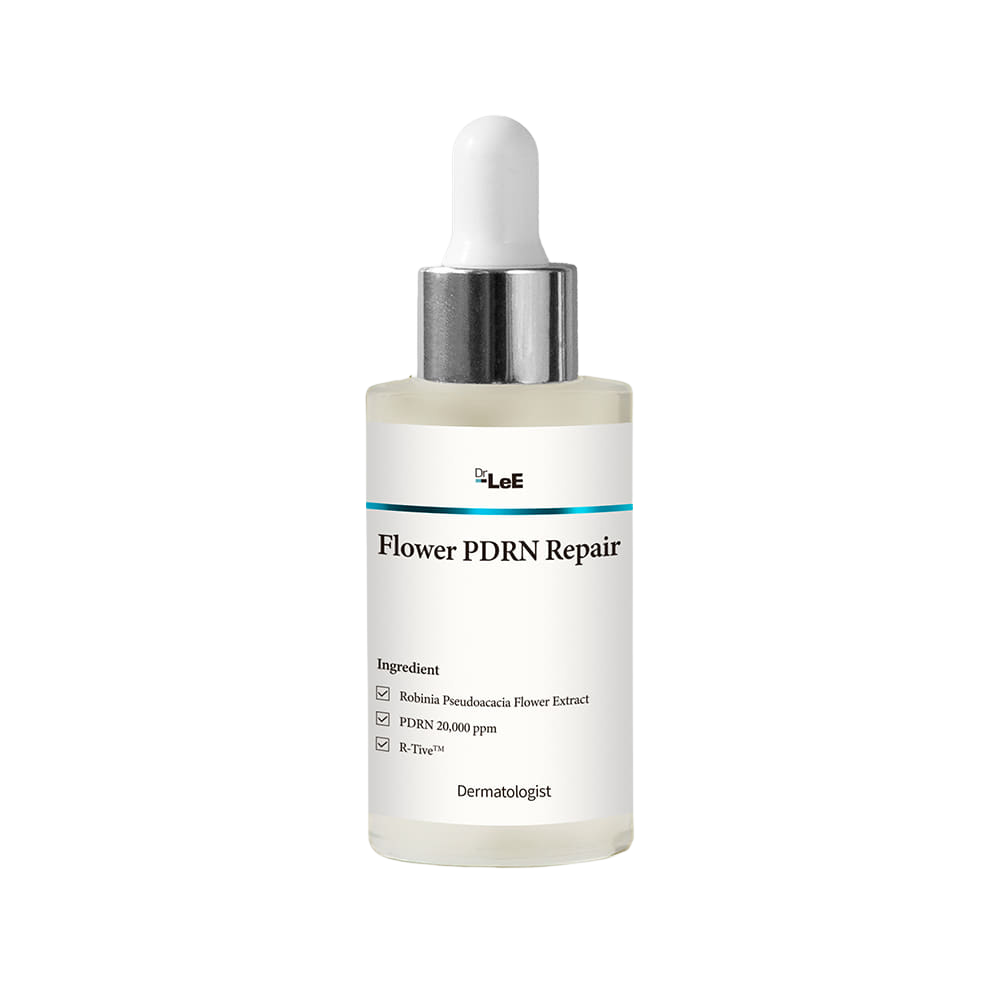 A bottle of Dr. LeE Flower PDRN Repair Barrier Ampoule, labeled as 'flower pfinn repair serum'.