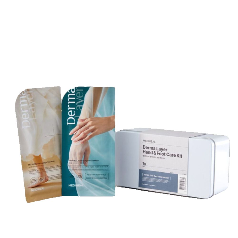 The MEDIHEAL Derma Layer Hand & Foot Care Kit includes ten masks, five for the hands and five for the feet, designed to deliver intensive moisture and care.