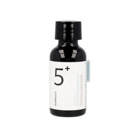 A small black bottle of Numuzin Vitamin Concentrated Serum is shown with a minimalist white label featuring the text "5+" and a small blue tag labeled "Glutathione" on the side.