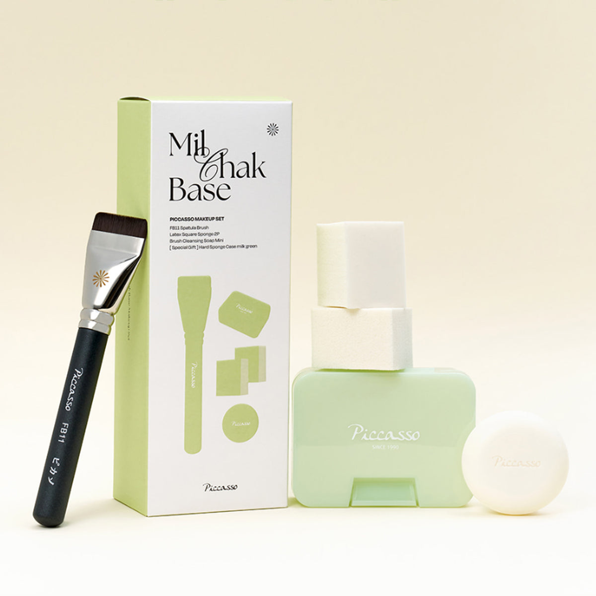 PICCASSO FB11 Milchak Base Makeup Set (FB11 + 2 Latex Sponges + Brush Soap Mini + Sponge Case)