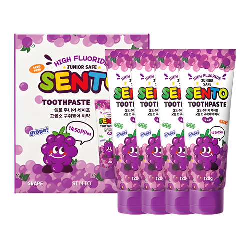 SENTO Junior Safe High-Fluoride Bad Breath Care Kids Toothpaste (Grape Flavor) - 4 Pack (120g x 4)