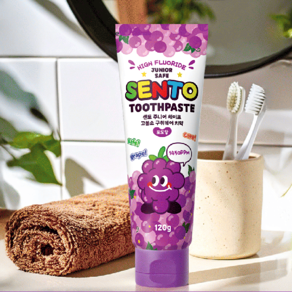 SENTO Junior Safe High-Fluoride Bad Breath Care Kids Toothpaste (Grape Flavor) - 4 Pack (120g x 4)