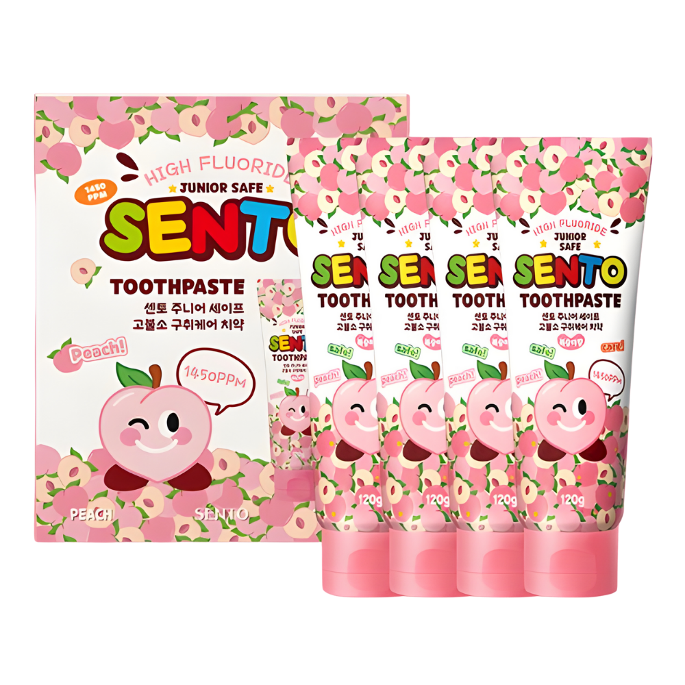 SENTO Junior Safe High-Fluoride Bad Breath Care Kids Toothpaste (Peach Flavor) - 4 Pack (120g x 4)