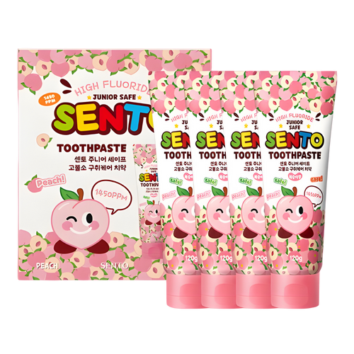 SENTO Junior Safe High-Fluoride Bad Breath Care Kids Toothpaste (Peach Flavor) - 4 Pack (120g x 4)