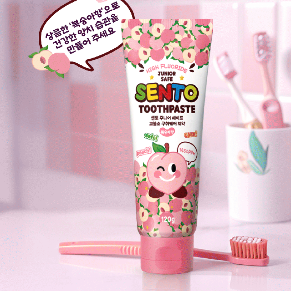 SENTO Junior Safe High-Fluoride Bad Breath Care Kids Toothpaste (Peach Flavor) - 4 Pack (120g x 4)