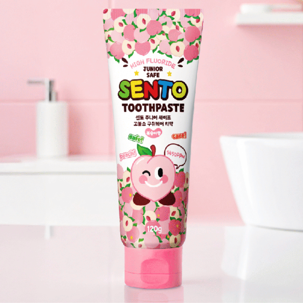 SENTO Junior Safe High-Fluoride Bad Breath Care Kids Toothpaste (Peach Flavor) - 4 Pack (120g x 4)