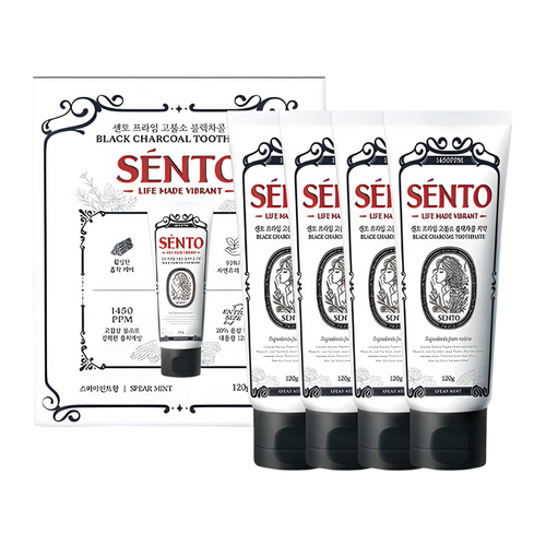 SENTO Prime High-Fluoride Black Charcoal Toothpaste (Spearmint Flavor) - 4 Pack (120g x 4)