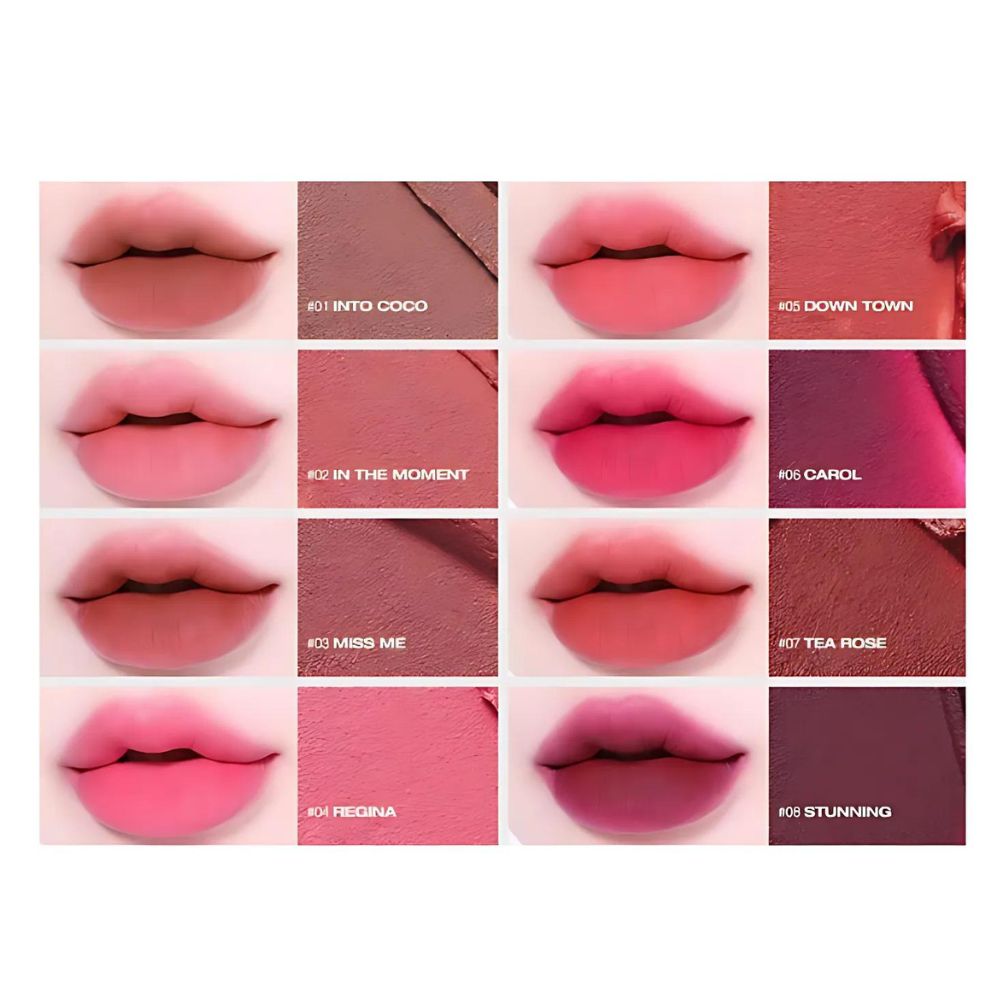 This lightweight lip tint glides on smoothly, delivering a soft, velvety matte finish that feels comfortable and long-lasting.
