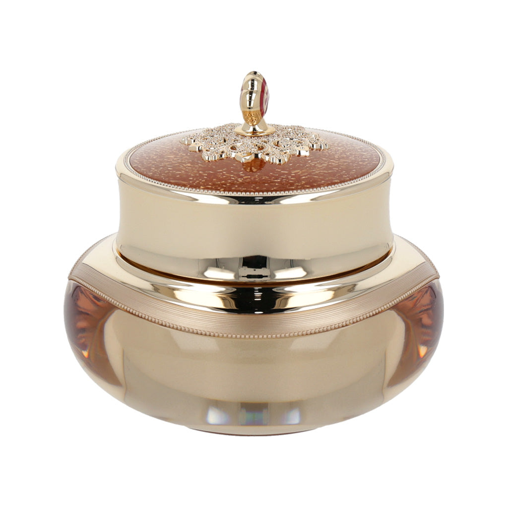 An elegant gold and red container featuring a flower, representing 'The history of whoo Cheonyuldan Hwayul Ultimate Regenerating Cream 60ml'.