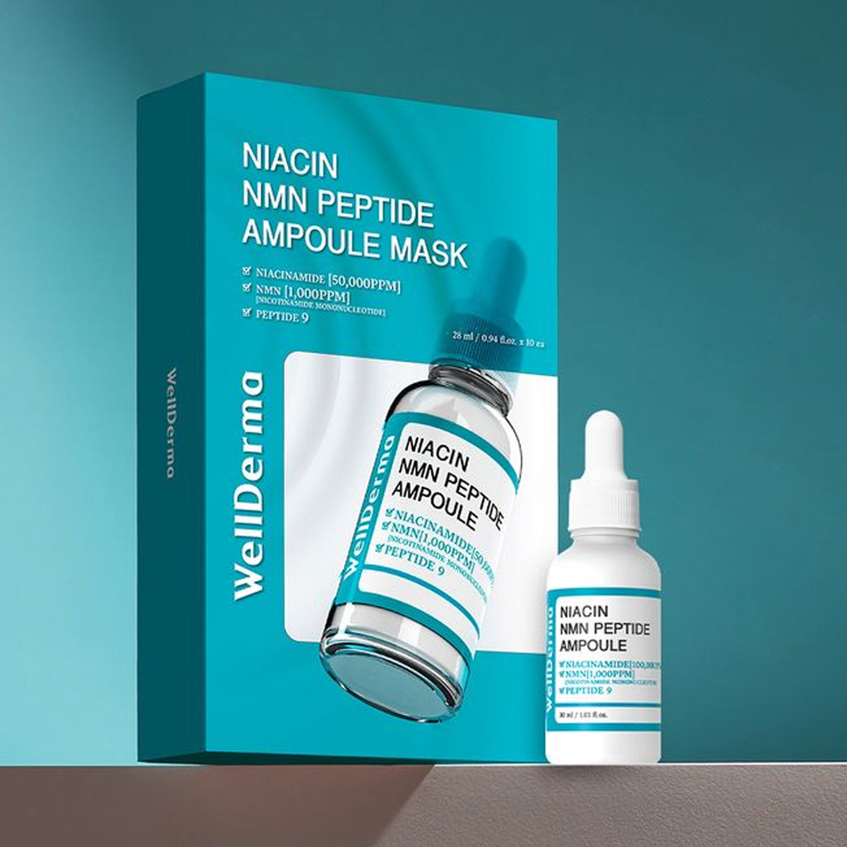 WellDerma Niacin NMN Peptide Ampoule Mask Pack (10 Sheets) + Niacin Ampoule 30ml Set