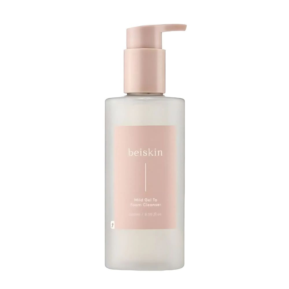 beiskin Mild Gel To Foam Cleanser 200ml, a gentle cleanser that transforms from a soft gel to a rich foam, effectively removing impurities and makeup while maintaining the skin's natural moisture balance.