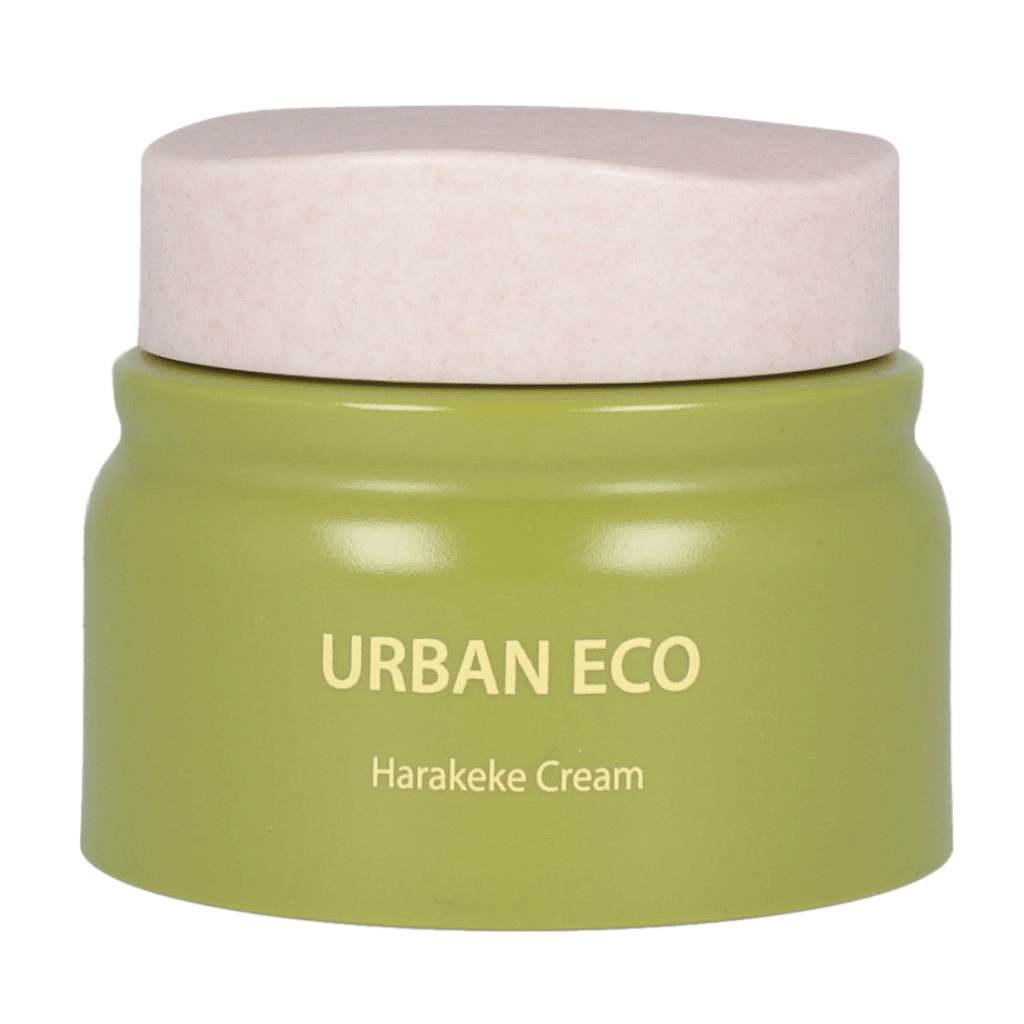Image of the SAEM Urban Eco Harakeke Cream in a 50ml jar. This nourishing cream is formulated with harakeke extract to hydrate and soothe the skin, enhancing its natural barrier. The packaging is sleek and modern, featuring the brand name and product details.