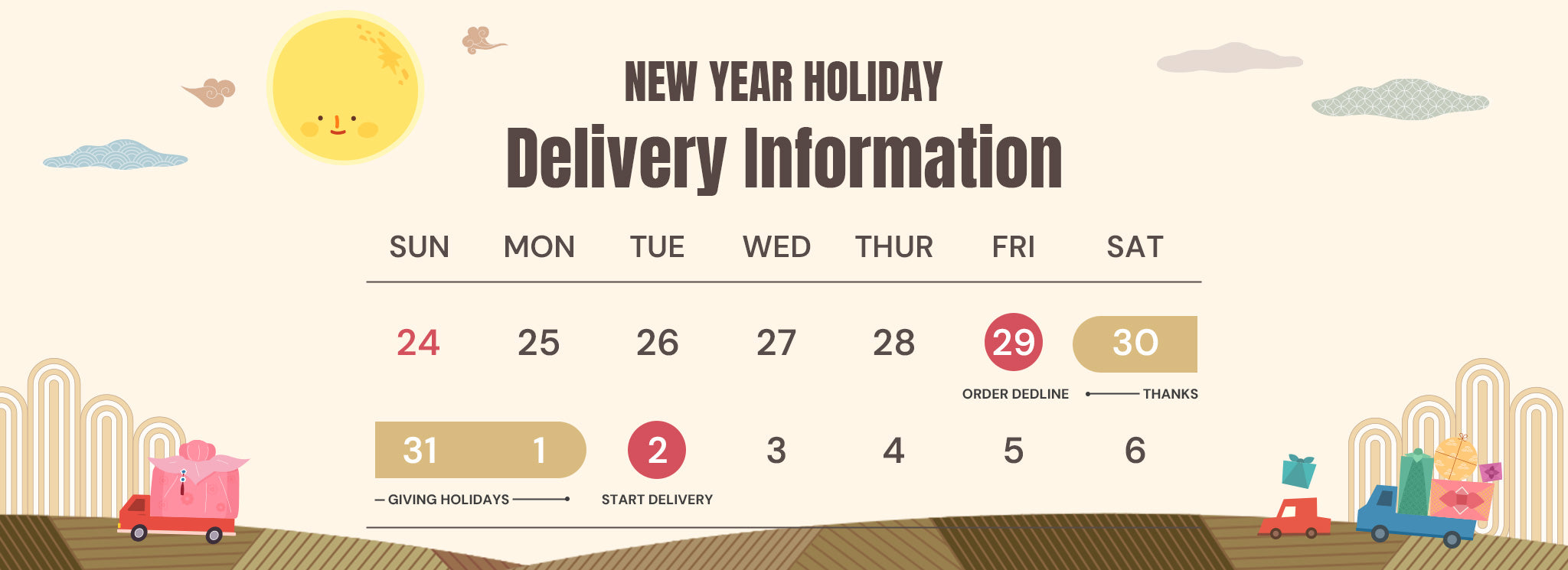 NEW YEAR HOLIDAY SHIPPING NOTICE(December 29th to January 1st KST)