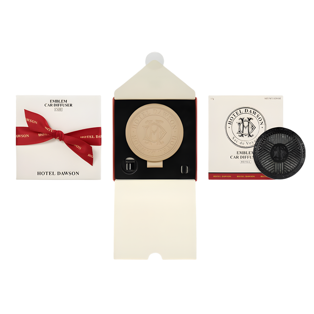 [2026 Lunar New Year Gift Set] HOTEL DAWSON Emblem Car Diffuser Case & Cartridge Set (Free Shopping Bag Included) - Choose Case Color (Beige/Black) & Select 1 of 3 Refill Scents