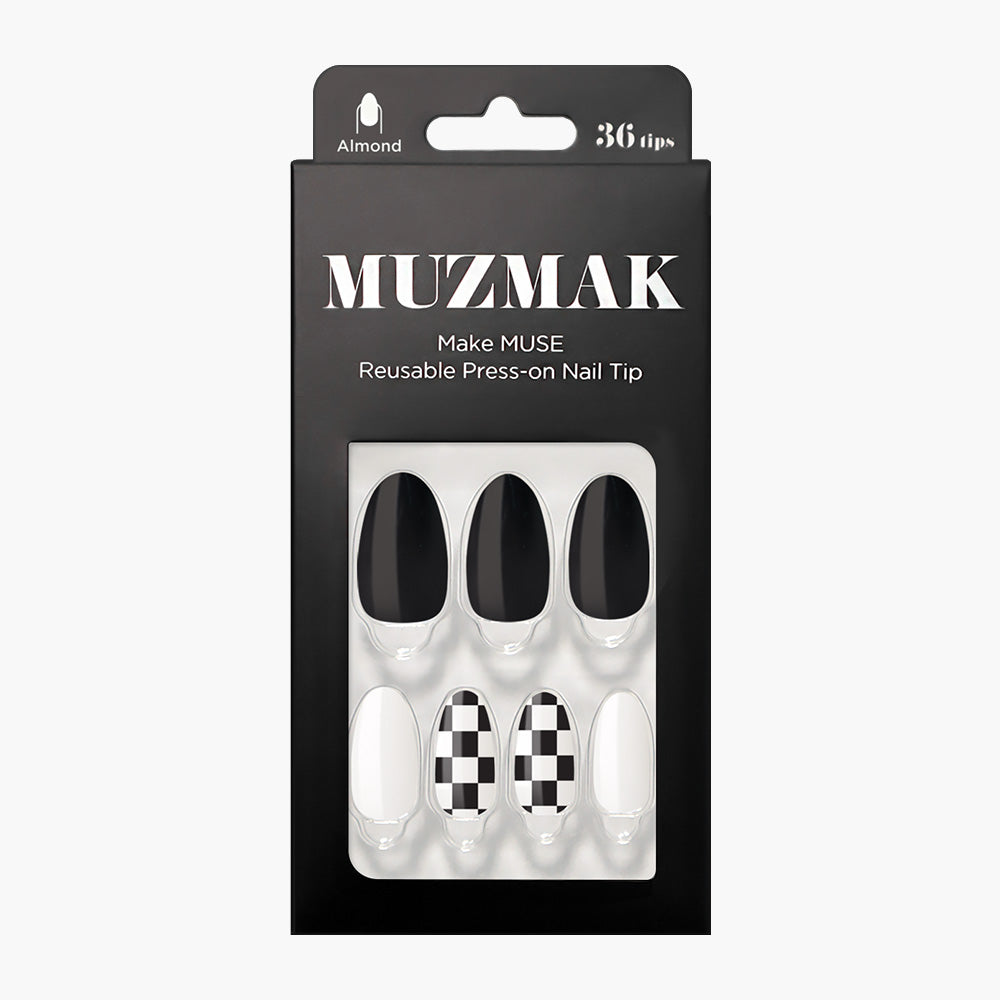 MUZMAK Nail Tips 36pcs #Chess Black(Almond)