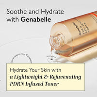 Clear 300ml bottle of Genabelle PDRN Rejuvenating Toner with pink label and silver cap.