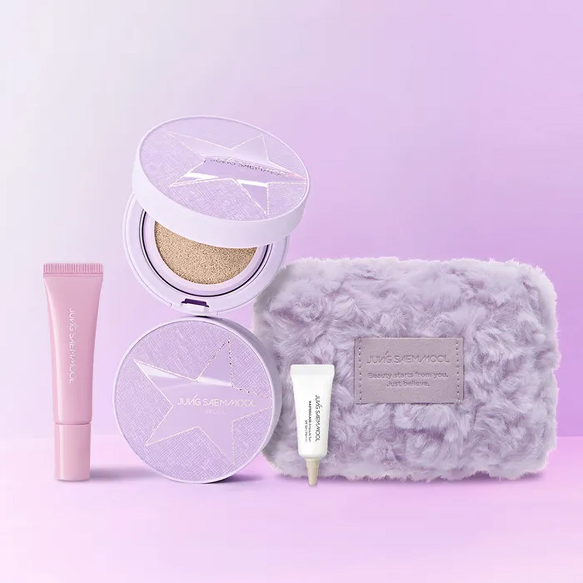 [Gift Packaging] JUNG SAEM MOOL Essential Skin Nuder Cushion with Refill plus Metal Serum Gloss (with Purple Fur Pouch plus Ampoule Sun 5ml Gift)