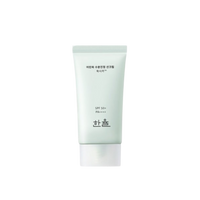 HANYUL Pure Artemisia Watery Calming Sun Cream 50ml, a soothing sunscreen for sensitive skin, providing hydration and protection.