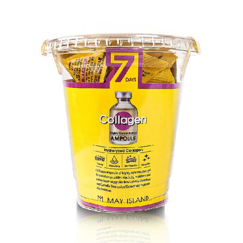 The MAY ISLAND 7 Days Highly Concentrated Collagen Ampoule is a skincare product designed to provide intensive care and nourishment to the skin, focusing on improving skin elasticity and reducing signs of aging.