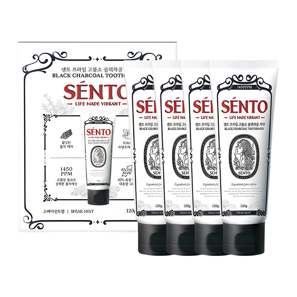 SENTO Prime High-Fluoride Black Charcoal Toothpaste (Spearmint Flavor) - 4 Pack (120g x 4)