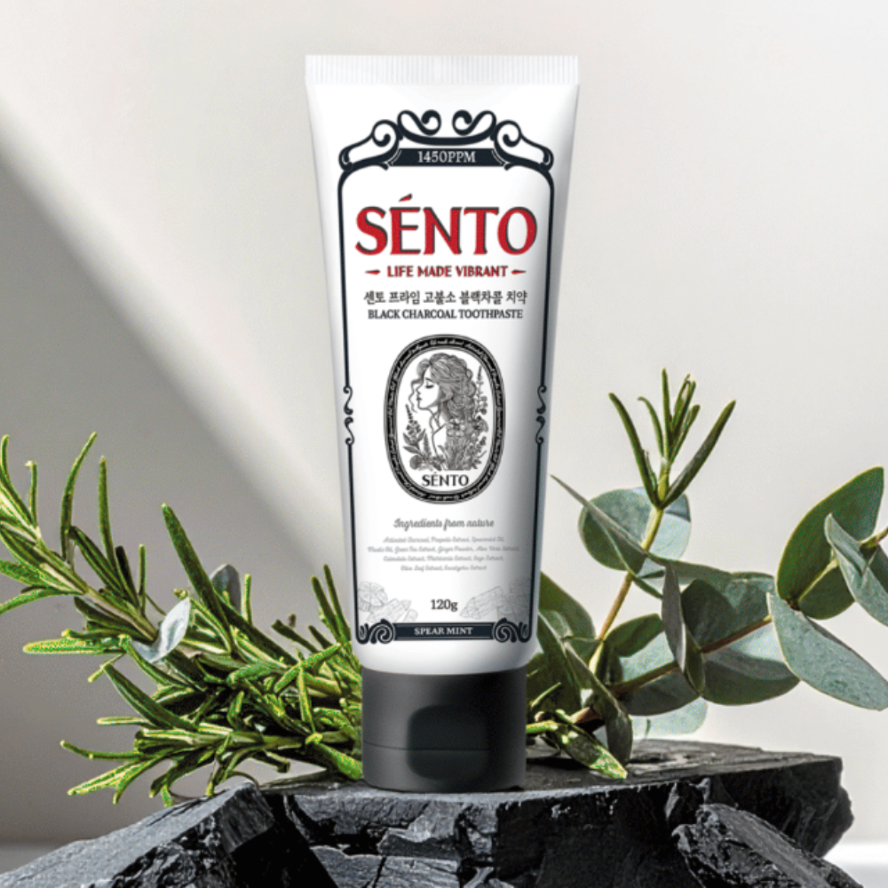 SENTO Prime High-Fluoride Black Charcoal Toothpaste (Spearmint Flavor) - 4 Pack (120g x 4)