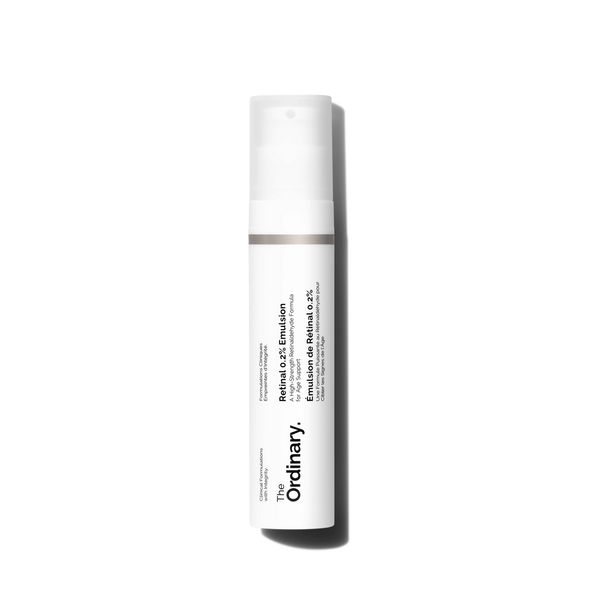 A 15ml bottle of The Ordinary Retinal 0.2% Emulsion, a skincare product for improving skin texture and reducing signs of aging.