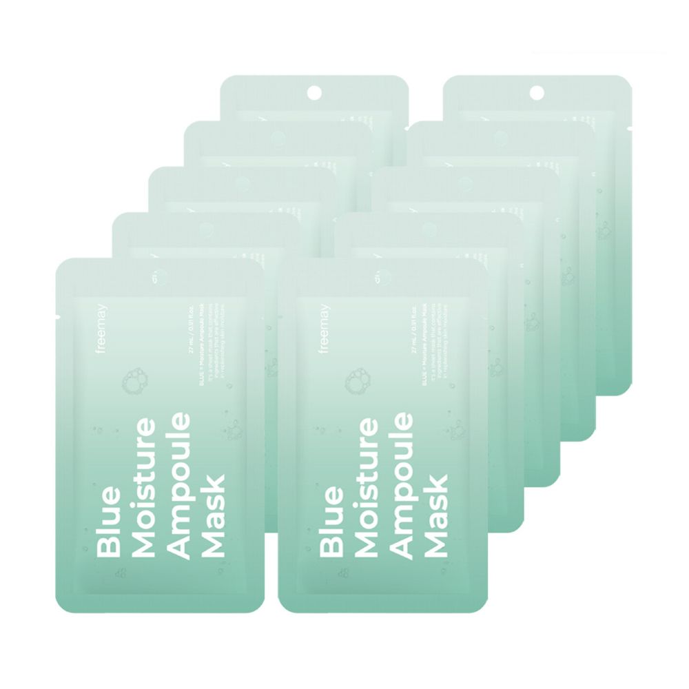 The freemay Blue Moisture Ampoule Mask (10ea) is a hydrating mask that delivers a concentrated dose of moisture to the skin.
