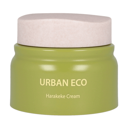 Image of the SAEM Urban Eco Harakeke Cream in a 50ml jar. This nourishing cream is formulated with harakeke extract to hydrate and soothe the skin, enhancing its natural barrier. The packaging is sleek and modern, featuring the brand name and product details.